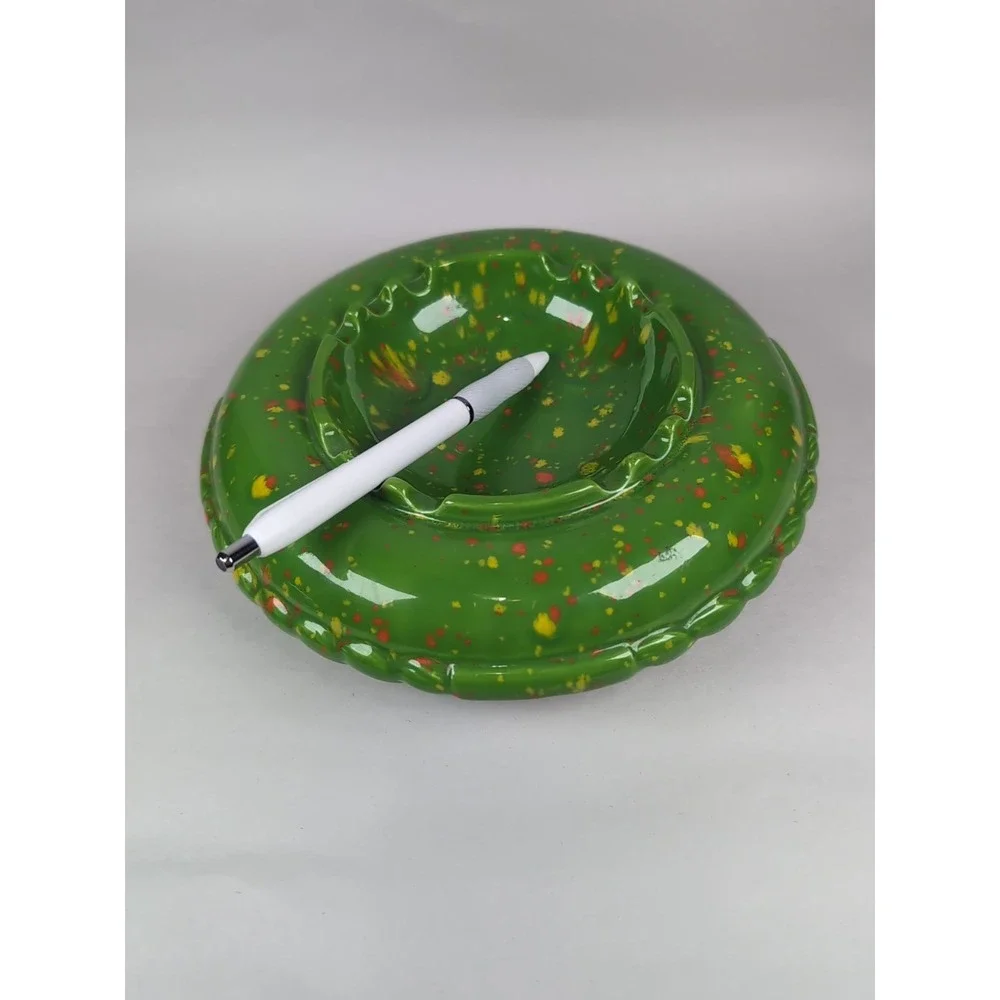 Gare 1974 Green W/Specks Of Orange Glaze Ceramic Ashtray USA Made 7.5